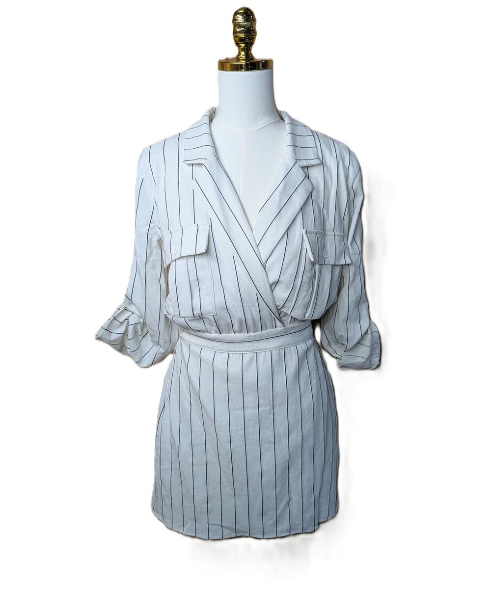 Majorelle Beckett Mini Dress White Striped Wrap Front Long Sleeve Size M